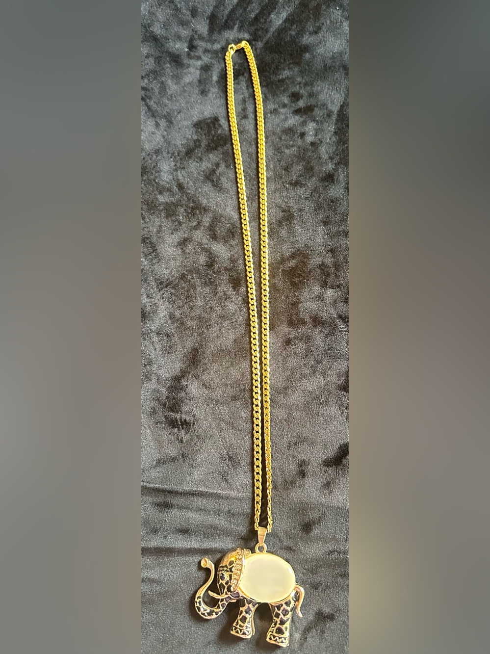 Large Elephant Pendant Necklace Gold Tone Black Enamel Rhinestone Statement